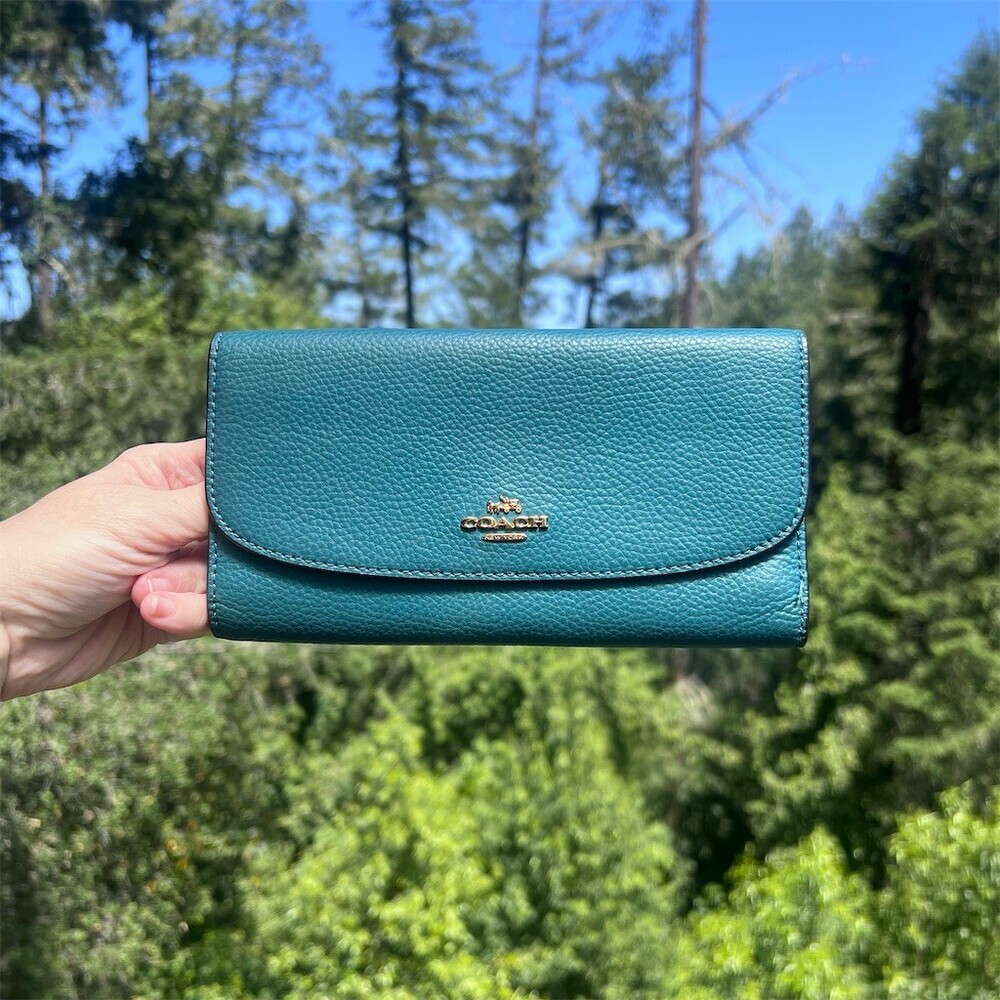 VINTAGE COACH Teal Blue Pebble Leather Trifold Wallet w Gold Hardware AUTHENTIC